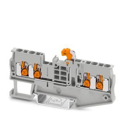 Ein grau-orangefarbiger Elektroklemmenblock mit mehreren Anschllusspunkten, konzipiert für sichere Drahtverbindungen in elektrischen Stromkreisen.