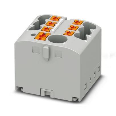Ein grauer Elektrostecker mit mehreren orangefarbenen Kontaktpunkten, der zum sicheren Verbinden von Drähten in elektronischen Schaltkreisen verwendet wird.