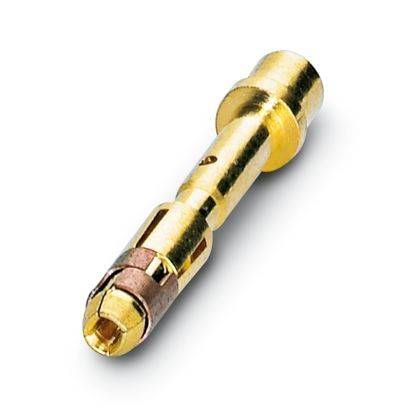 Eine Nahaufnahme eines goldfarbenen Metallsteckers mit zylindrischer Form und detaillierten Rillen, dargestellt auf weißem Hintergrund.