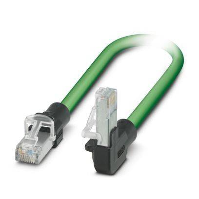 Ein grünes Ethernet-Kabel mit abgewinkelten Steckern an beiden Enden, entwickelt für Netzwerkverbindungen.