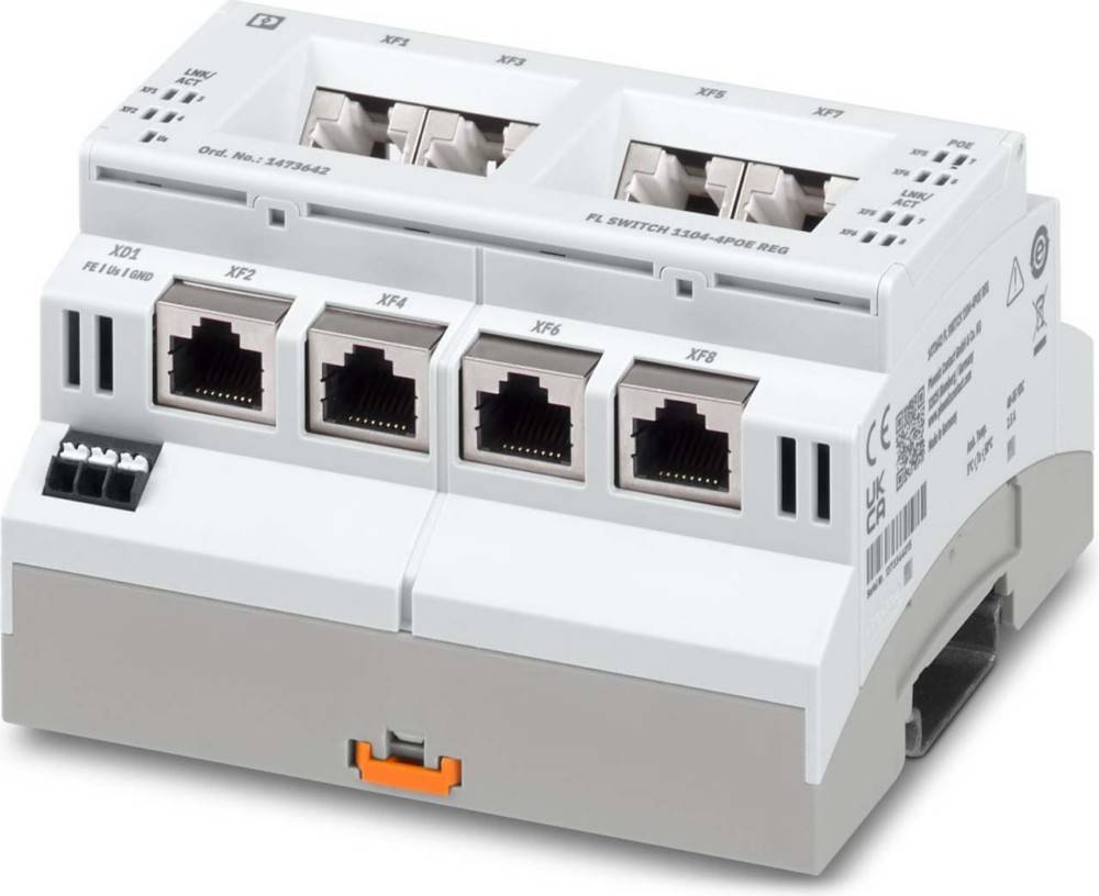 Ein Netzwerk-Switch mit acht Ethernet-Ports und zwei zusätzlichen Ports darüber, der zum Verbinden mehrerer Geräte innerhalb eines Netzwerks verwendet wird.