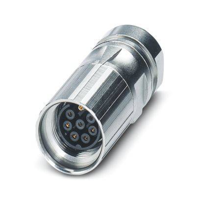 Ein metallischer kreisförmiger Stecker mit mehreren Stiften, verwendet für elektrische Verbindungen in Geräten, gezeigt auf einem einfachen Hintergrund.