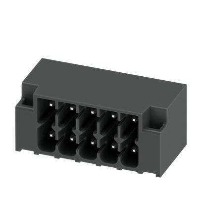 Ein schwarzer Mehrstift-Stecker mit sechs rechteckigen Schlitzen, die in zwei Reihen angeordnet sind, entworfen für elektronische Geräte, gezeigt auf weißem Hintergrund.