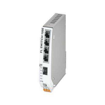 Ein grauer industrieller Ethernet-Schalter mit der Bezeichnung „FL SWITCH 1000