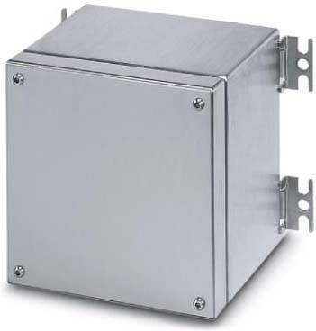 Ein Elektrische Gehäuse aus Edelstahl in rechteckiger Form mit Montagebügeln an beiden Seiten, konzipiert zum Schutz von elektrischen Komponenten.
