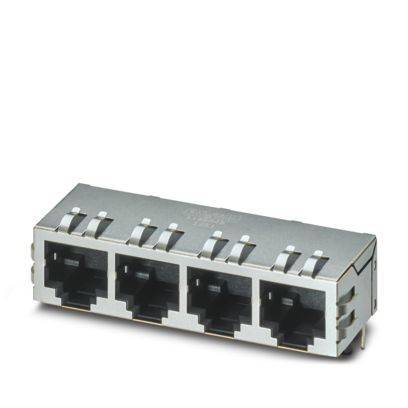 Ein Metallverbinder mit vier RJ45-Anschlüssen, der für Netzwerkkabel verwendet wird.