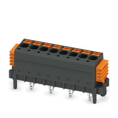 Elektroverbindungsblock mit orangefarbenen und schwarzen Komponenten, ausgestattet mit mehreren Anschlüssen für die Drahteinführung und sichere Verbindungen.