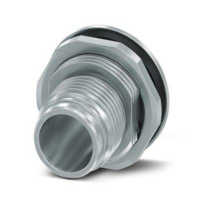 Ein metallischer Gewindeverbinder mit Sechskantmutter und Gummidichtung, der für sichere Verbindungen in Fluid- oder Gassystemen verwendet wird.