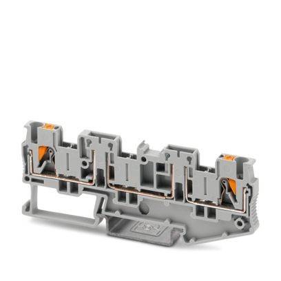 Ein graues industrielles Klemmenblockmodul mit orangefarbenen Komponenten, entworfen für Elektroverbindungen, mit mehreren Anschlussanschlüssen.
