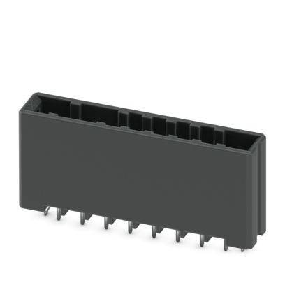 Das Bild zeigt einen schwarzen rechteckigen Stiftleisten-Stecker mit mehreren Pins, der typischerweise zum Verbinden elektronischer Komponenten auf einer Leiterplatte verwendet wird.