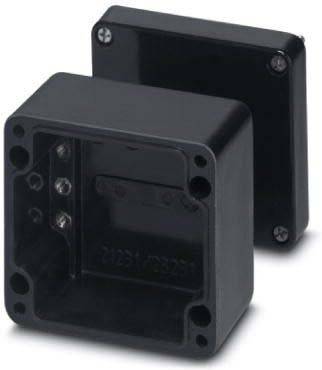 Offene schwarze Elektro-Verteilerdose, die Befestigungslöcher und interne Fächer zeigt.