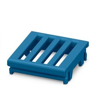 Eine blaue, quadratische Kunststoff-Kochlöffelablage mit vier Schlitzen, entworfen zum Halten von Löffeln oder Spateln.
