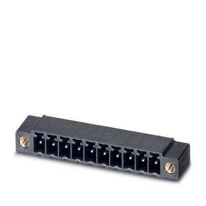 Ein 10-polig männlicher rechtwinkliger D-Sub-Stecker mit schwarzem Gehäuse und zwei vergoldeten Befestigungen auf jeder Seite.