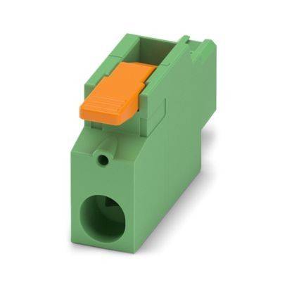 Ein grün-orangefarbener Elektrosteckverbinder-Block mit einem Loch, verwendet für Verdrahtungsverbindungen.