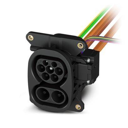 Schwarzes Elektrofahrzeug-Ladestecker mit farbigen Drähten, mit mehreren Stiften zum Anschließen.