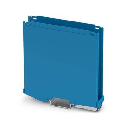 Ein blaues DIN-Schienen-Montagegehäuse für elektronische Komponenten mit kompaktem rechteckigem Design und sicherem Schnappverschluss-Befestigungsmechanismus.