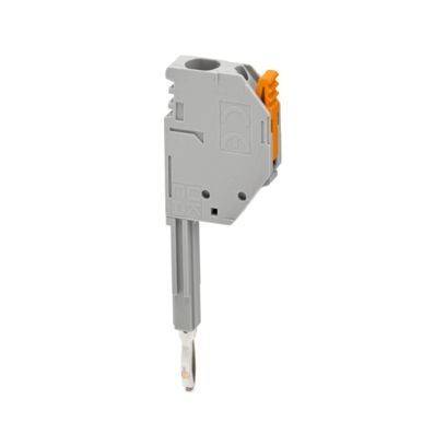 Ein graues elektrisches Anschlussblock mit einem orangefarbenen Hebel, entwickelt zum Verbinden von Drähten in elektrischen Anwendungen.