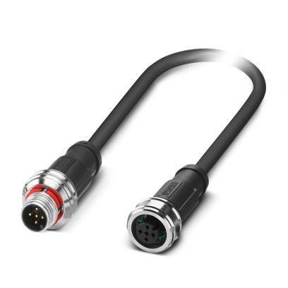 Ein schwarzes Kabel mit Metallsteckern an beiden Enden. Das eine Ende hat Metallstifte; das andere hat entsprechende Buchsen und wird verwendet, um elektronische Geräte zu verbinden.