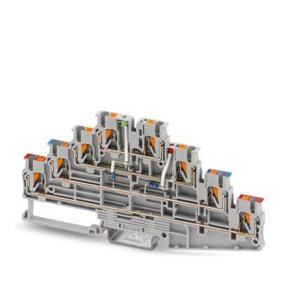 Ein mehrstöckiges Anschlussklemmen mit mehreren farbcodierten Anschluss­punkten, das zum Organisieren und Verbinden von Elektrokabeln konzipiert ist.