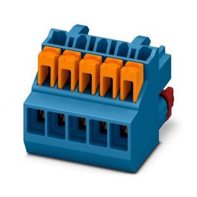 Ein blau-orangefarbiger Elektroklemmenblock mit fünf Anschlüssen.