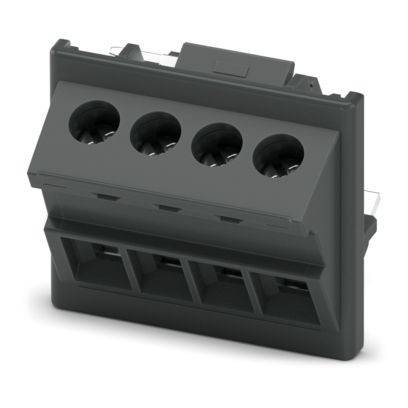 Ein schwarzer, rechteckiger elektrischer Stecker mit vier kreisförmigen Schlitzen oben für Kabelverbindungen, typischerweise in elektronischen Geräten verwendet.