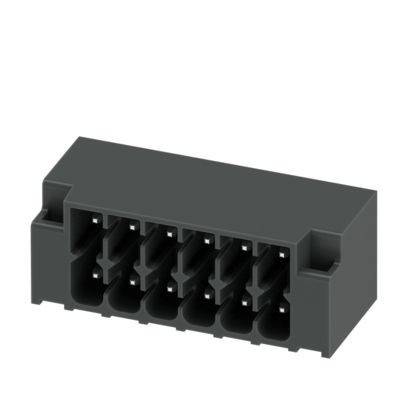 Eine Nahaufnahme eines schwarzen kunststoffartigen elektrischen Verbinders mit mehreren Anschlüssen, der zum Verlegen von Leitungen oder zum Verbinden von Geräten verwendet wird.