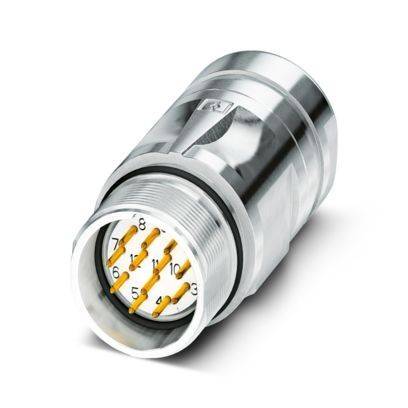 Ein metallischer Stecker mit nummerierten Goldstiften für elektrische Verbindungen, von der Stiftseite aus betrachtet.