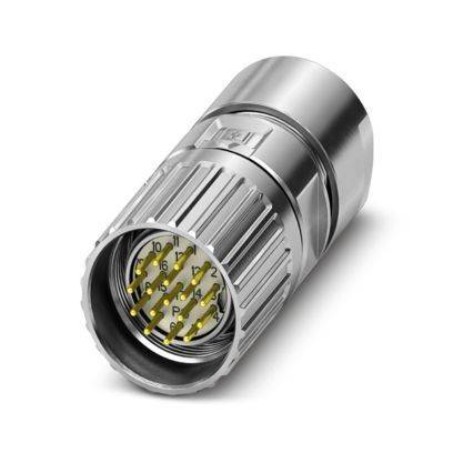 Ein zylindrischer Metallstecker mit mehreren Goldkontakten im Inneren, gekennzeichnet mit Nummern. Geeignet für elektronische oder industrielle Anwendungen.