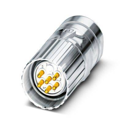 Ein metallischer siebenpoliger Elektrostecker mit beschrifteten vergoldeten Kontakten, entwickelt für sichere und zuverlässige Verbindungen in Industrieanwendungen.