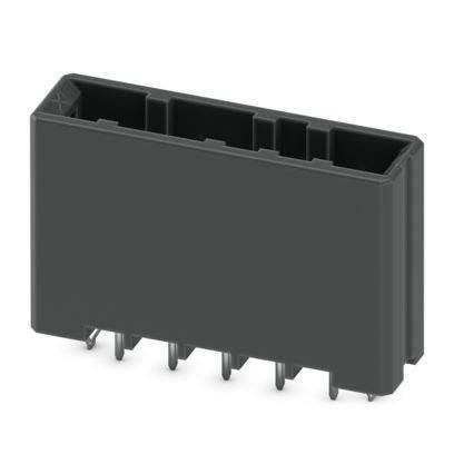 Ein rechteckiger schwarzer Kunststoffstecker mit mehreren Metallstiften, die von der Unterseite herausragen.