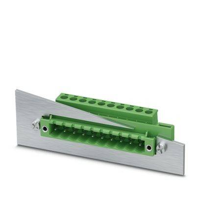 Ein grüner Elektroklemmblock, der auf einer silbernen Metallplatte montiert ist und mehrere Anschluss-punkte für die Verdrahtungsintegration aufweist.