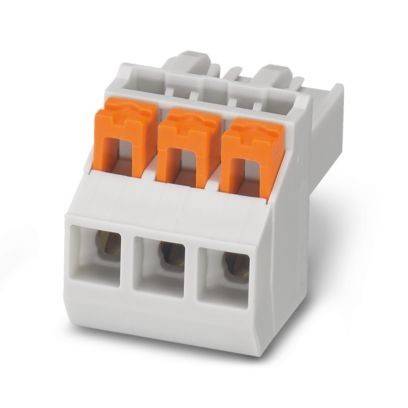 Dreipoliger orange-grauer Steckverbinder-Block, verwendet für elektrische Verbindungen, auf weißem Hintergrund dargestellt.