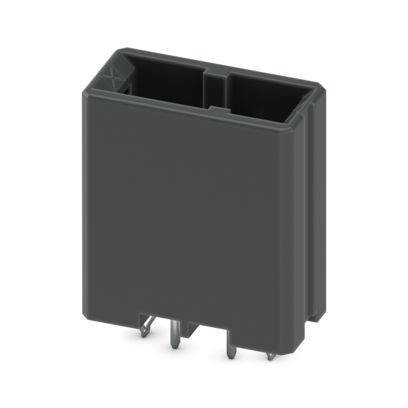 Ein schwarzer kunststofflicher rechteckiger Stecker mit fünf Metallstiften an der Unterseite, entwickelt für elektrische oder elektronische Schaltungsverbindungen.