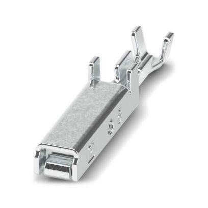 Ein silberner Metallverbindungsterminal mit flacher Basis, zwei Seitenlappen und einem Haken an einem Ende, entworfen für Elektroverbindungszwecke.