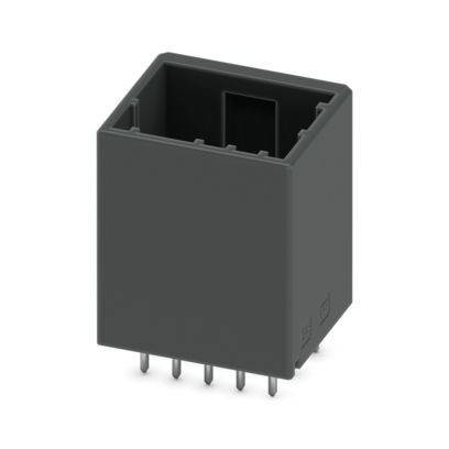Ein schwarzer, rechteckiger elektronischer Stecker mit acht Stiften, die sich von der Unterseite erstrecken und für die Leiterplattenmontage ausgelegt sind.