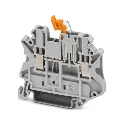 Ein graues elektrisches Klemmleistenblock mit einem orangen Hebel und dualen Metallverbindungen, das zur Befestigung von Verdrahtung in elektrischen Schaltschränken verwendet wird.