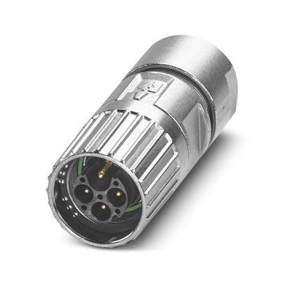 Ein metallischer zylindrischer Stecker mit drei kreisförmigen Stiften, der für elektrische Verbindungen verwendet wird.