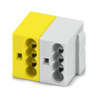 Zwei miteinander verbundene Klemmleisten, eine gelb und eine grau, mit Prüföffnungen für elektrische Verdrahtung, die Konnektivität verbessern.