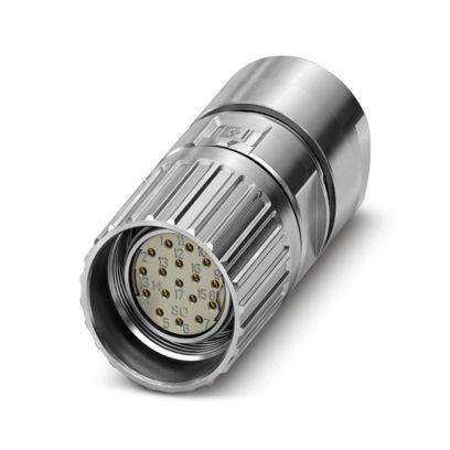Ein Metallmultipol-Stecker mit zylindrischer Form, der 19 Stifte in einem kreisförmigen Muster aufweist. Wird für elektronische Verbindungen verwendet.