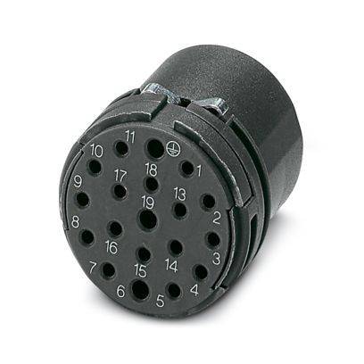 Ein zylindrischer schwarzer Stecker mit mehreren nummerierten Löchern, verwendet für elektrische Verbindungen, vor weißem Hintergrund.