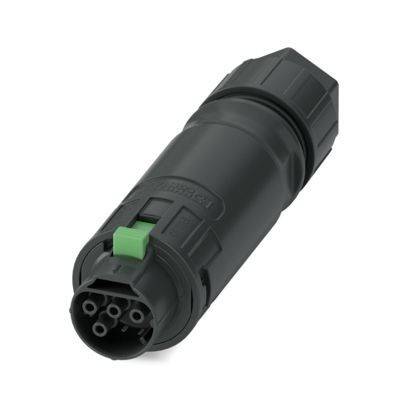 Ein schwarzer zylindrischer Stromstecker mit mehreren Kontaktstiften und einer grünen Verriegelung, entwickelt für sichere elektrische Verbindungen in Geräten.
