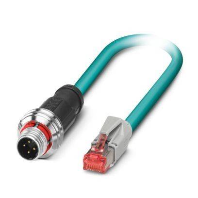 Ein petrolblaues Industrial-Ethernet-Kabel mit einem M12-X-kodierten Anschluss und einem roten RJ45-Stecker an jedem Ende.