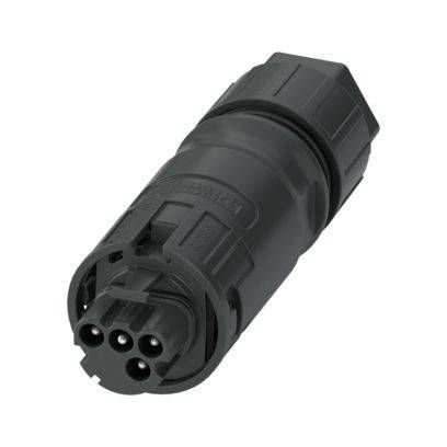 Ein schwarzer kreisförmiger Industrie-Stecker mit mehreren Stiftkontakten, entwickelt für robuste elektrische Verbindungen, auf weißem Hintergrund dargestellt.