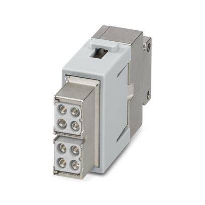Ein modularer Stecker mit Metallgehäuse, ausgestattet mit zwei Reihen von Rundbuchsen für elektrische Verbindungen, verwendet in Industrieanwendungen.