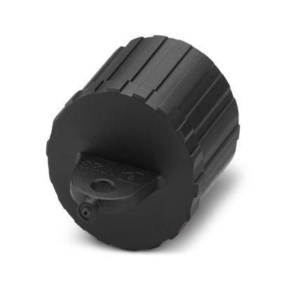 Ein schwarzes zylindrisches Objekt mit gerippten Seiten. Es hat eine kleine Erhebung an einem Ende und scheint ein Komponenten- oder Zubehörteil zu sein.
