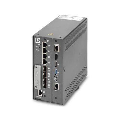 Industrielle Netzwerkausrüstung mit mehreren Ethernet- und USB-Anschlüssen auf der Frontplatte, konzipiert für Datenverbindungen in technischen Umgebungen.