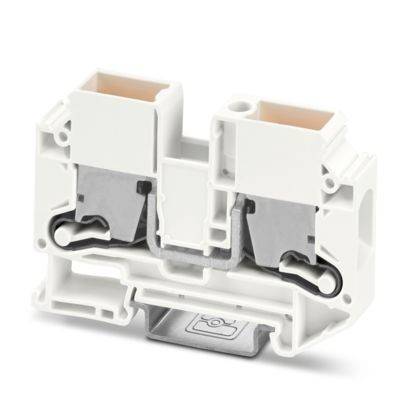 Weißer elektrischer Klemmenblock mit doppelten Anschlusspunkten und Metallklemmvorrichtungen für eine sichere Kabelverbindung.