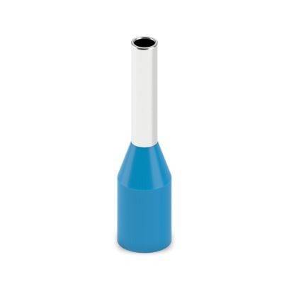 Ein blau-weißes Crimpkabelschuh mit zylindrischer Form, das zum sicheren Verbinden von elektrischen Drähten verwendet wird.