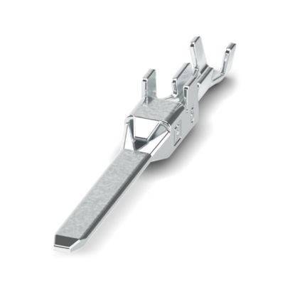 Ein metallisches elektrisches Terminal mit einer flachen Klinge und zwei Zinken, das zum Verbinden von Drähten in elektrischen Stromkreisen verwendet wird.