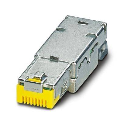 Ein silberner und gelber elektronischer Stecker oder Adapter, entwickelt für die Verbindung von Netzwerkkabeln, gezeigt vor einem einfachen weißen Hintergrund.